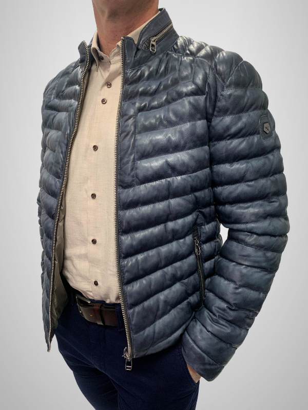 Milestone Padded Leather Jacket - Washed Navy