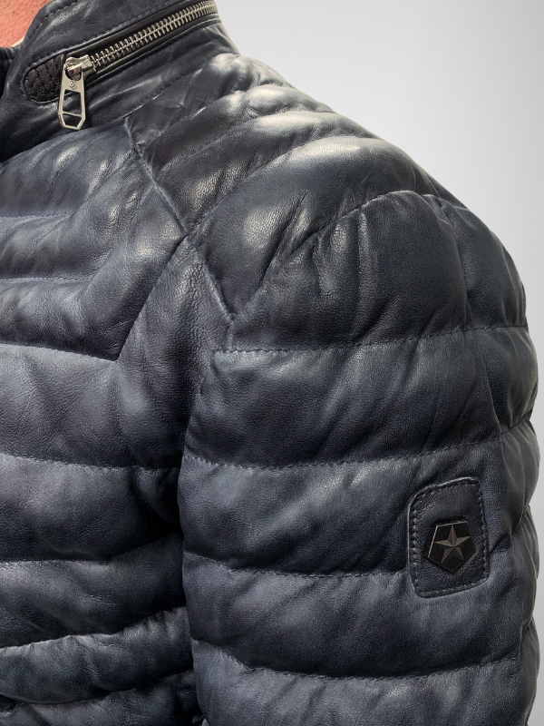 Milestone Padded Leather Jacket - Washed Navy