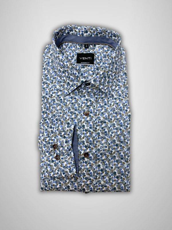 Venti Business Patterned Shirt - Mid Blue/Brown