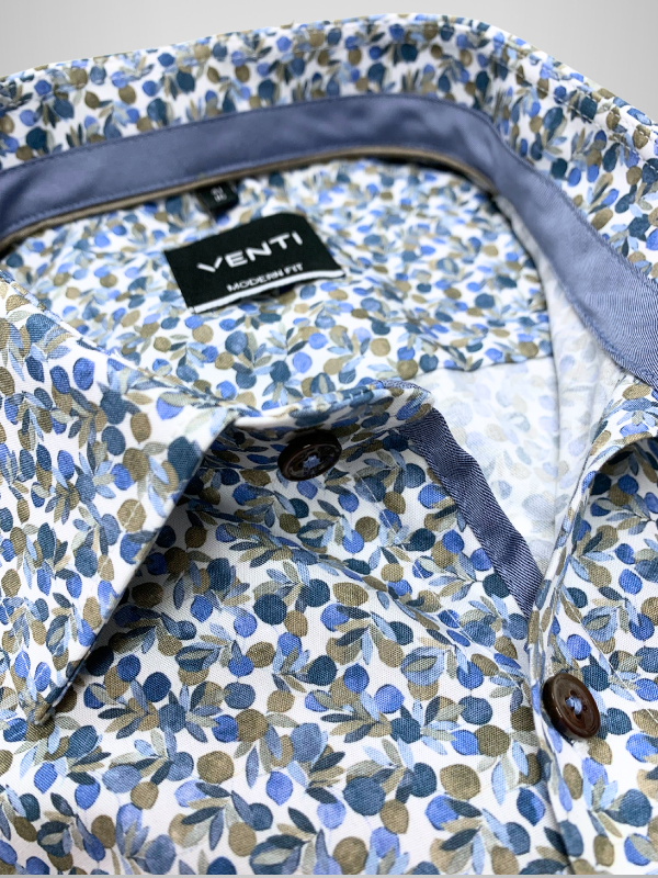 Venti Business Patterned Shirt - Mid Blue/Brown